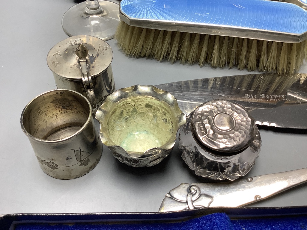 Modern items of silver including wine coaster, photograph frames, timepiece etc.